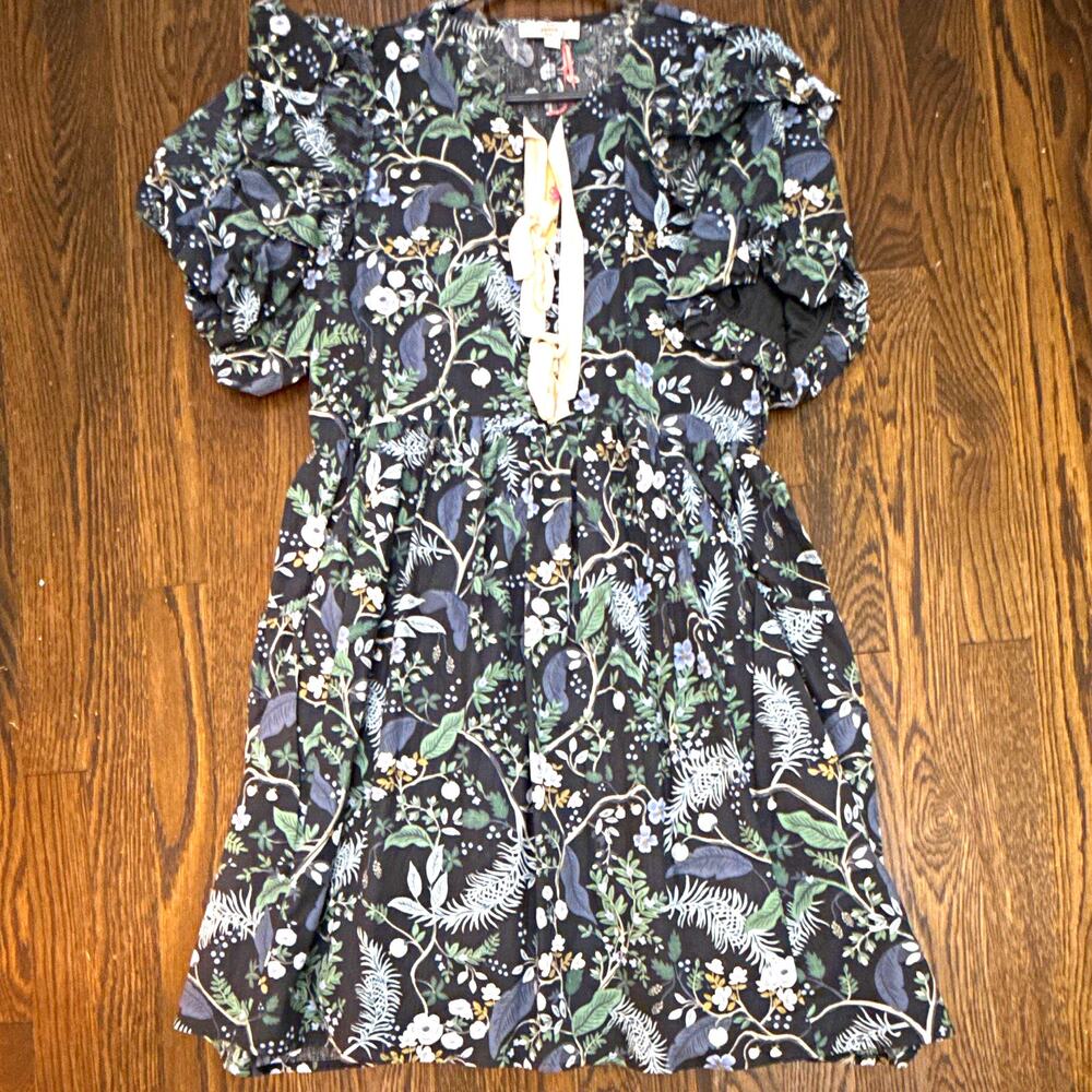 Entro Black Green Floral V-Neck Puff Sleeve Smocked A-Line Short Dress Size L